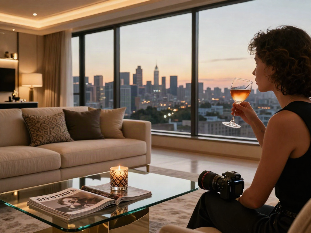 Interior ruang tamu mewah dengan suasana hangat dan pemandangan kota, luxury111 elegan.