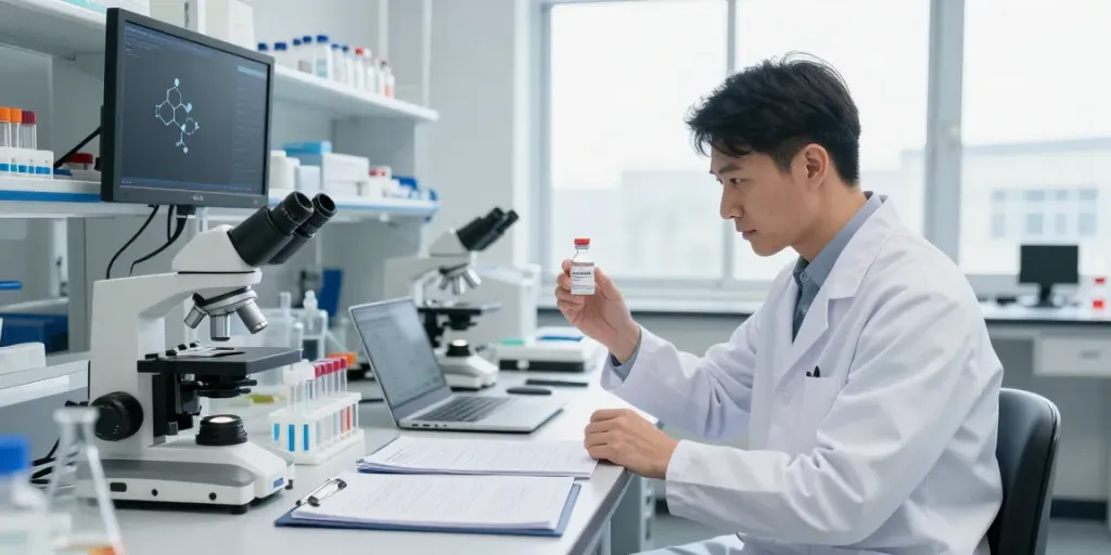 Scientist analyzing Tesofensine 500mcg in a bright lab filled with research equipment.