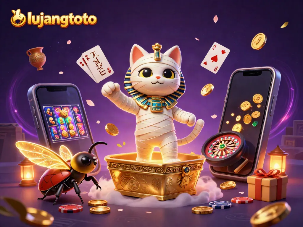 Experience the excitement of bujangtoto with a vibrant 3D illustration of a mummy cat and a glowing scarab in a casino.