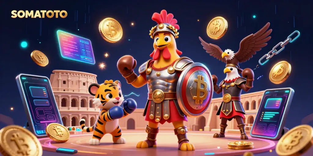 Experience SOMATOTO’s electrifying digital casino arena featuring a rooster and tiger, enriched with crypto elements.