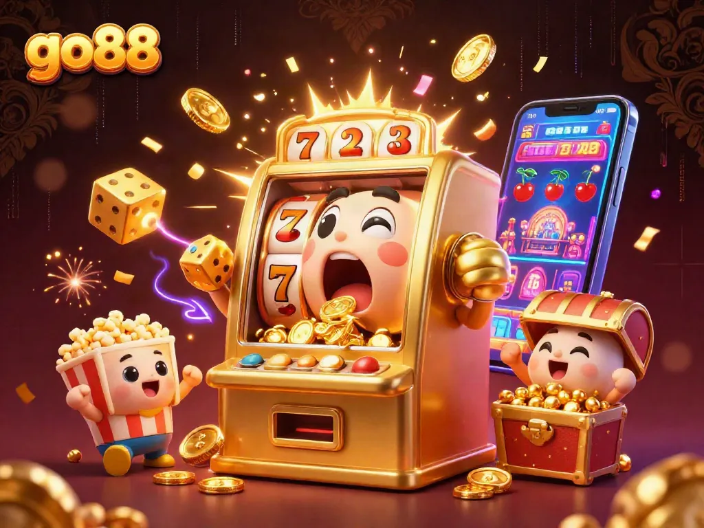 Celebrate winning big with go88's dynamic slot machine characters in a vibrant casino scene.