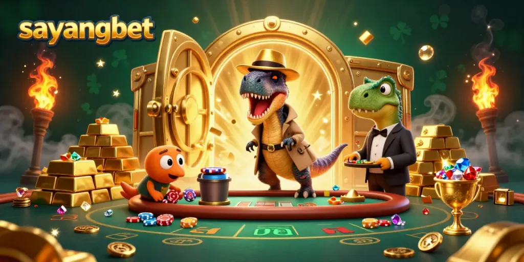 Encounter excitement at sayangbet with a velociraptor card counter at a blackjack table surrounded by treasures.