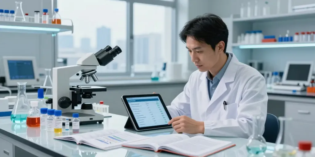 Compare peptide prices in a high-tech laboratory with a scientist reviewing data on a tablet.