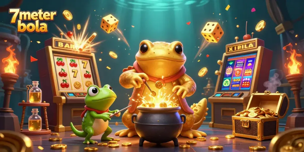 Experience winning strategies at 7meter bola with a vibrant scene of magical gold creation and casino elements.