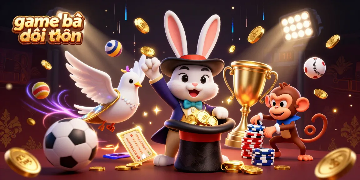 Experience game bài đổi thưởng with a cartoon magician rabbit and dynamic casino-themed characters.
