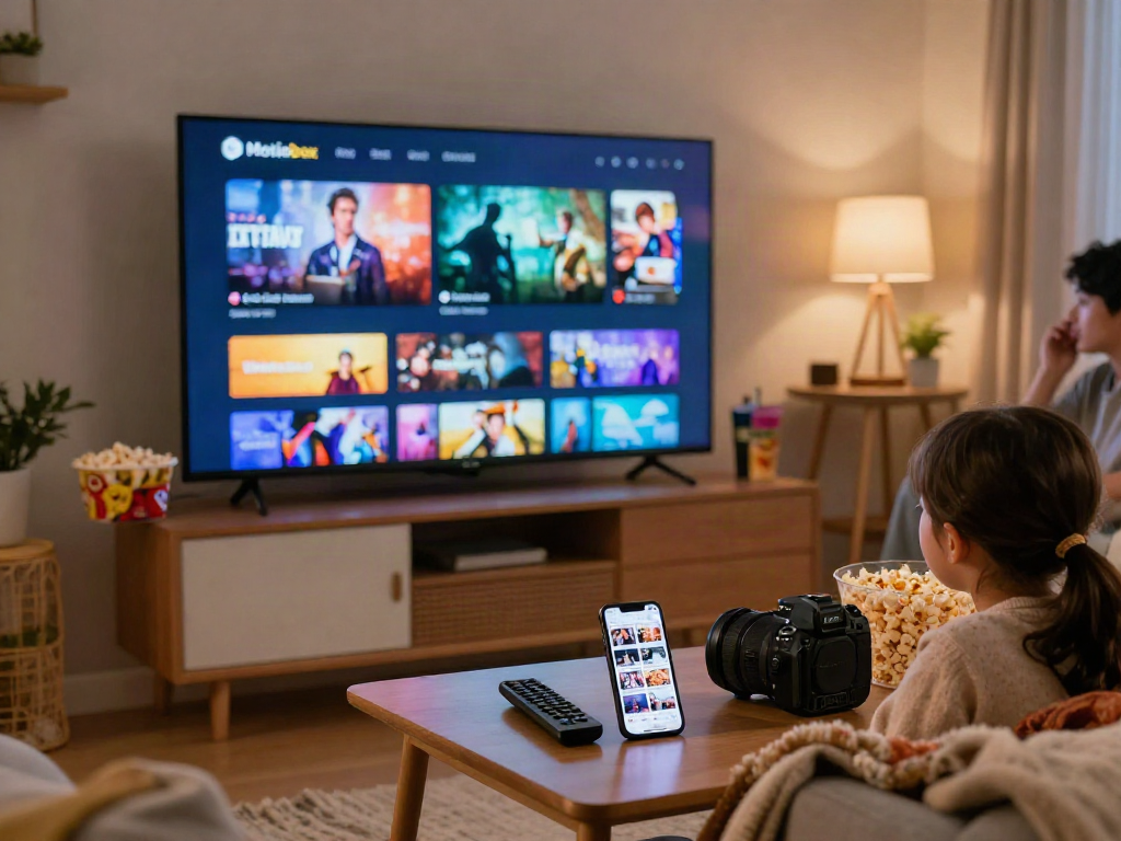 The Moviebox app being enjoyed in a cozy living room setting with family, snacks, and a vibrant movie interface displayed on TV