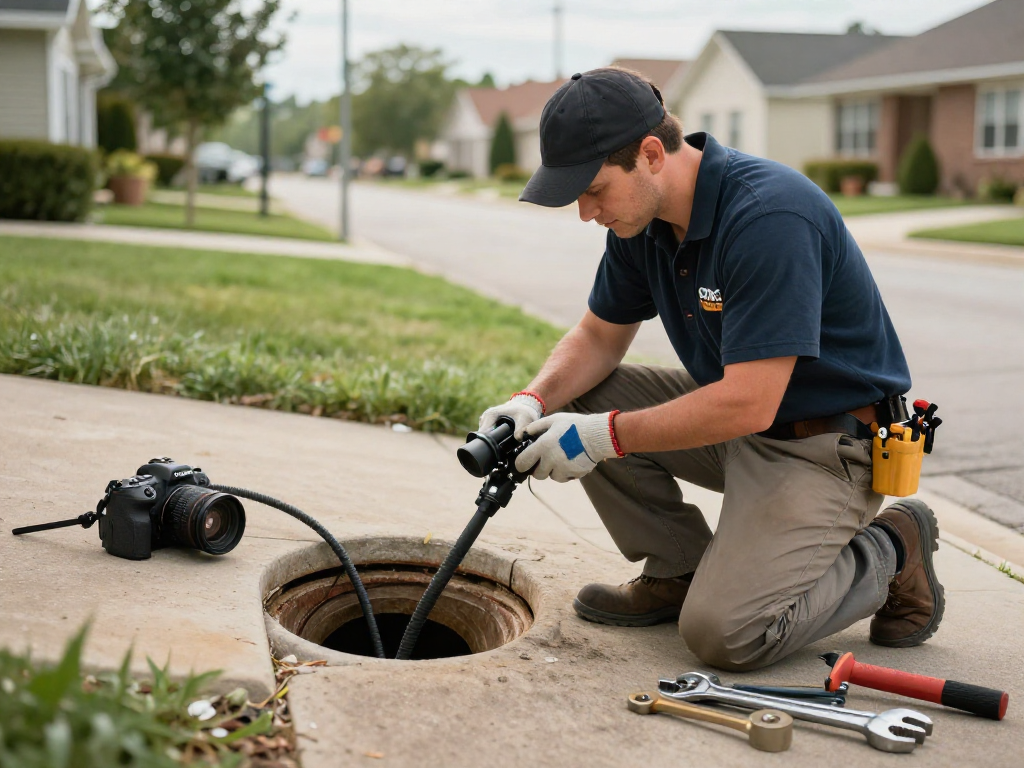Plumber performing sewer line service Fort Worth with tools and camera in suburban setting.