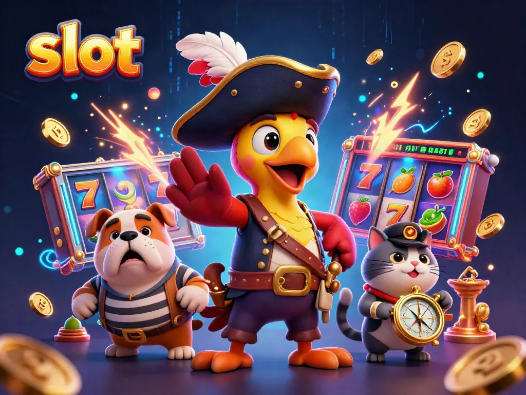 Engaging slot-themed scene showcasing lively cartoon characters with slot reels and vibrant gameplay elements.
