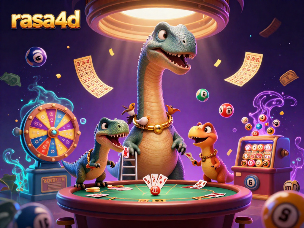 Rasa4d dengan seorang brontosaurus dan raptor yang membagikan kartu di kasino yang ceria