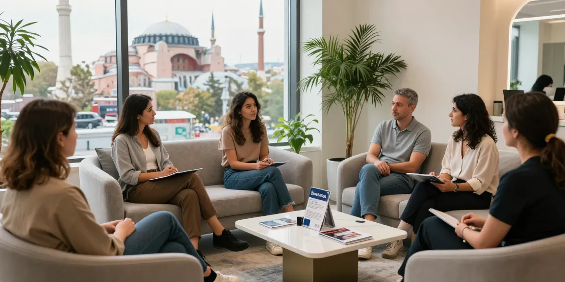 patients discussing hair transplant options in a comfortable Istanbul clinic setting, showcasing hair transplant istanbul benefits and care