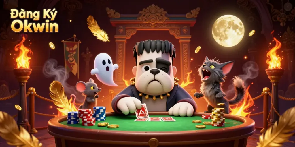 Engage in thrilling action with Đăng Ký Okwin, where vibrant characters deal cards at a lively casino.