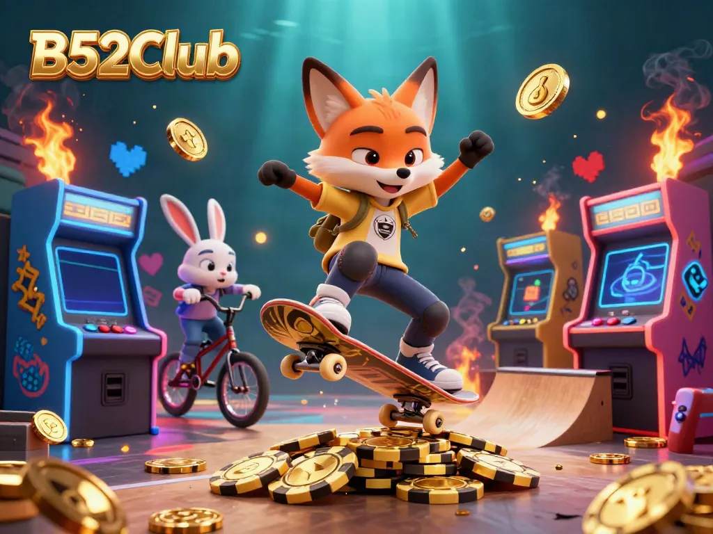 B52Club showcases fun gaming with a fox doing tricks over poker chips and a BMX rabbit in an exciting casino-themed scene.