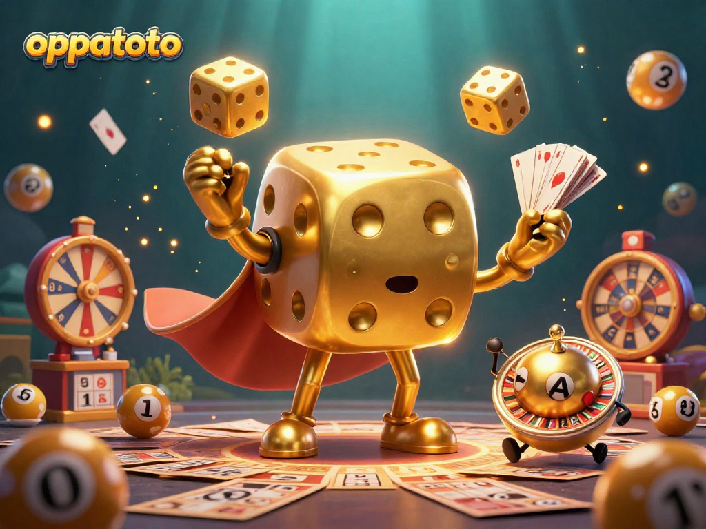 Engage with oppatoto's lottery game vibes featuring a vibrant illustration of dice, balls, and cards.