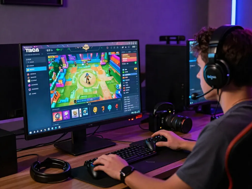 Pengguna sedang bermain game di platform vegas168 dengan suasana modern dan aksesoris gaming yang menarik.