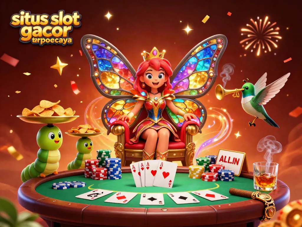 Experience the enchanting world of gaming with the butterfly queen in this vibrant illustration for situs slot gacor terpercaya.