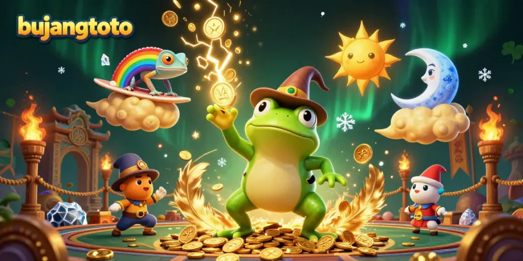 Join the fun with bujangtoto as a weather wizard frog unleashes golden coins in a vibrant casino scene.