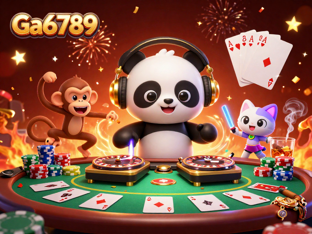 Ga6789 showcases an exciting casino scene with a DJ panda, breakdancing monkey, and glow-stick kitten in action.