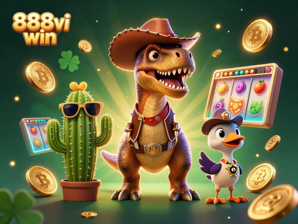 Experience 888vi win with dynamic games illustrated in a vibrant casino scene featuring casino-themed characters.