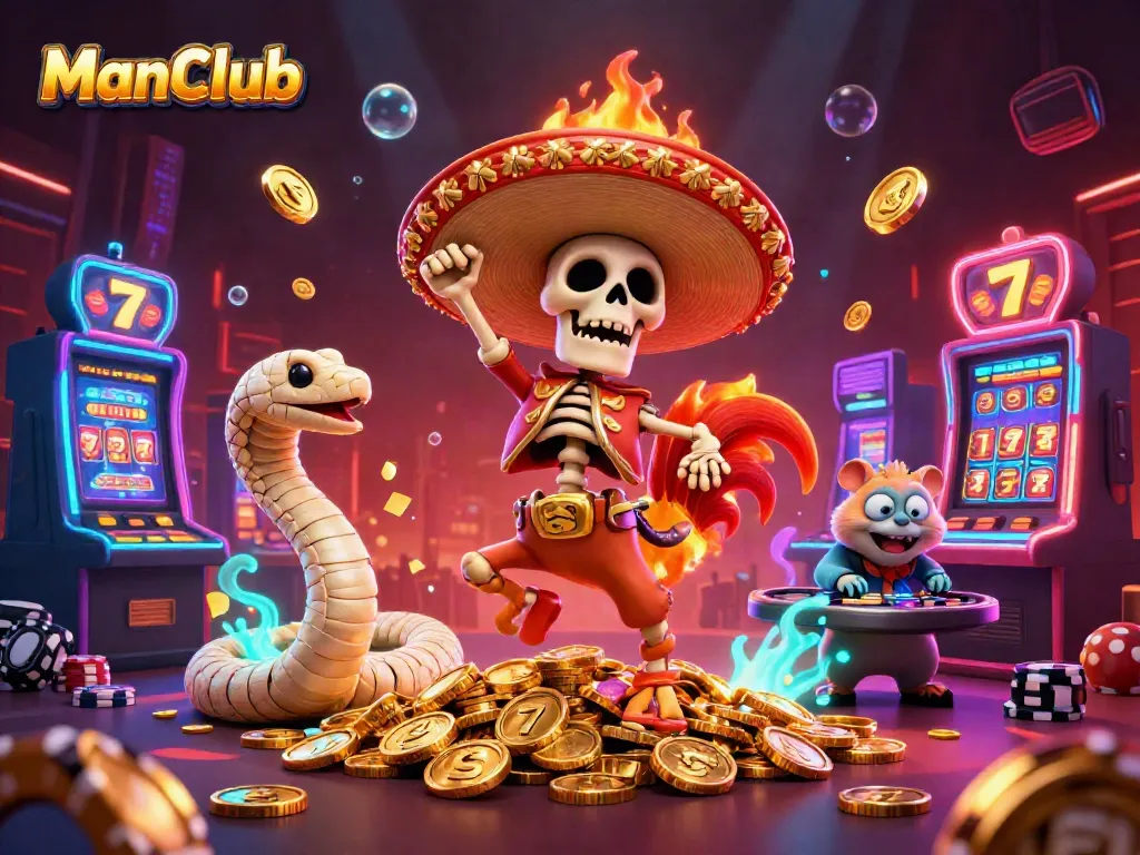 ManClub's vibrant casino scene showcases colorful characters celebrating amid slot machines and golden coins.