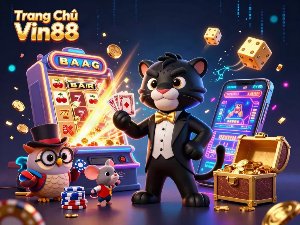 Experience the vibrant world of gambling with Trang Chủ Vin88, featuring a stylish panther dealing cards surrounded by dazzling casino elements.