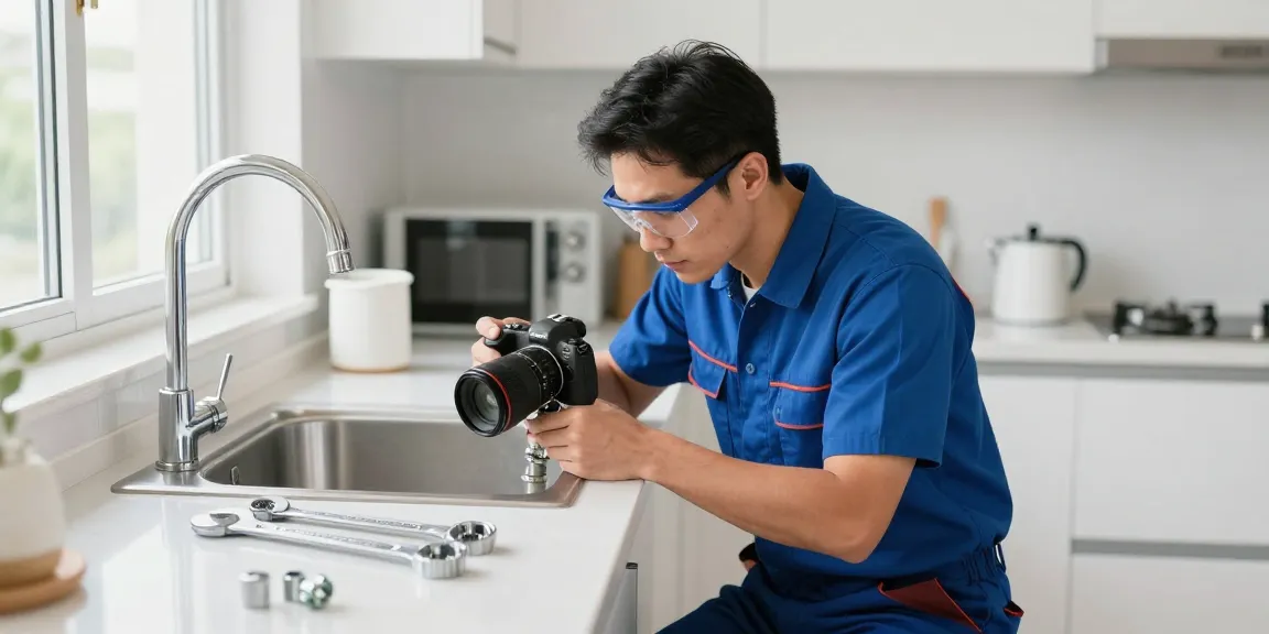 Professional plumber london repairing a kitchen sink with tools in a bright home.