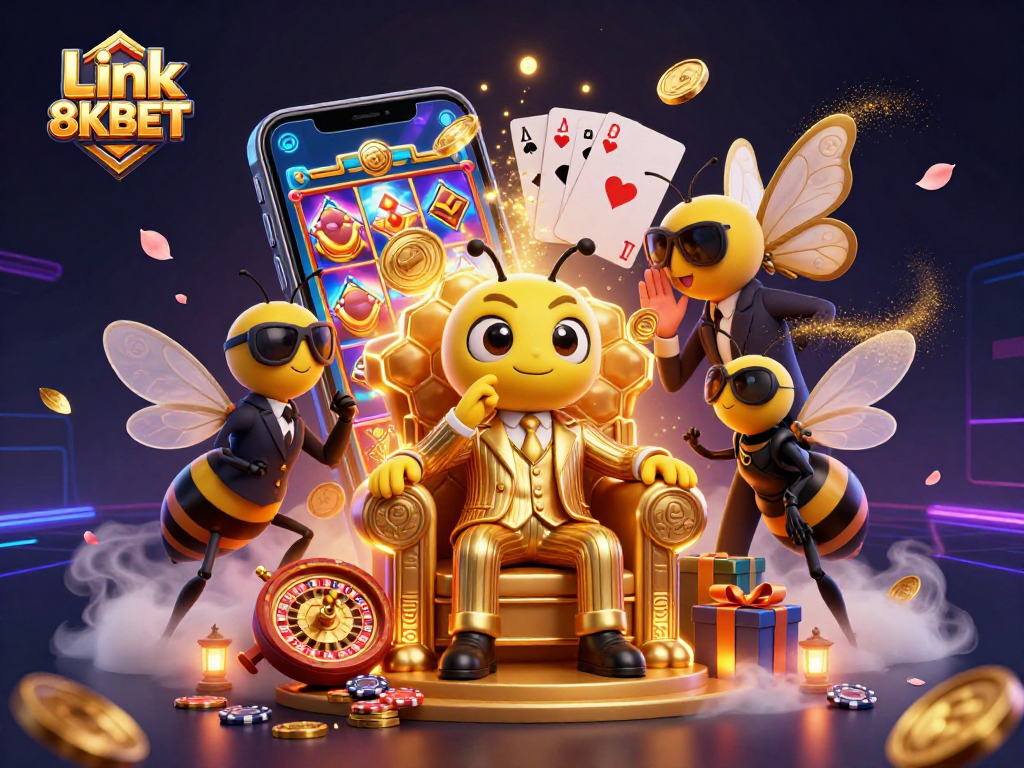 Experience the thrilling action at Link 8KBET with a vibrant 3D casino scene packed with game elements.