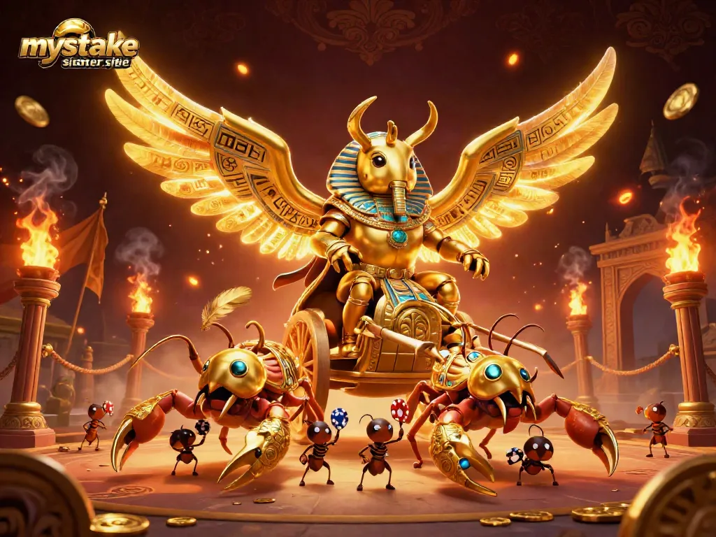 Engage with a mystical scene featuring a 3D golden beetle chariot representing the mystake sister site.