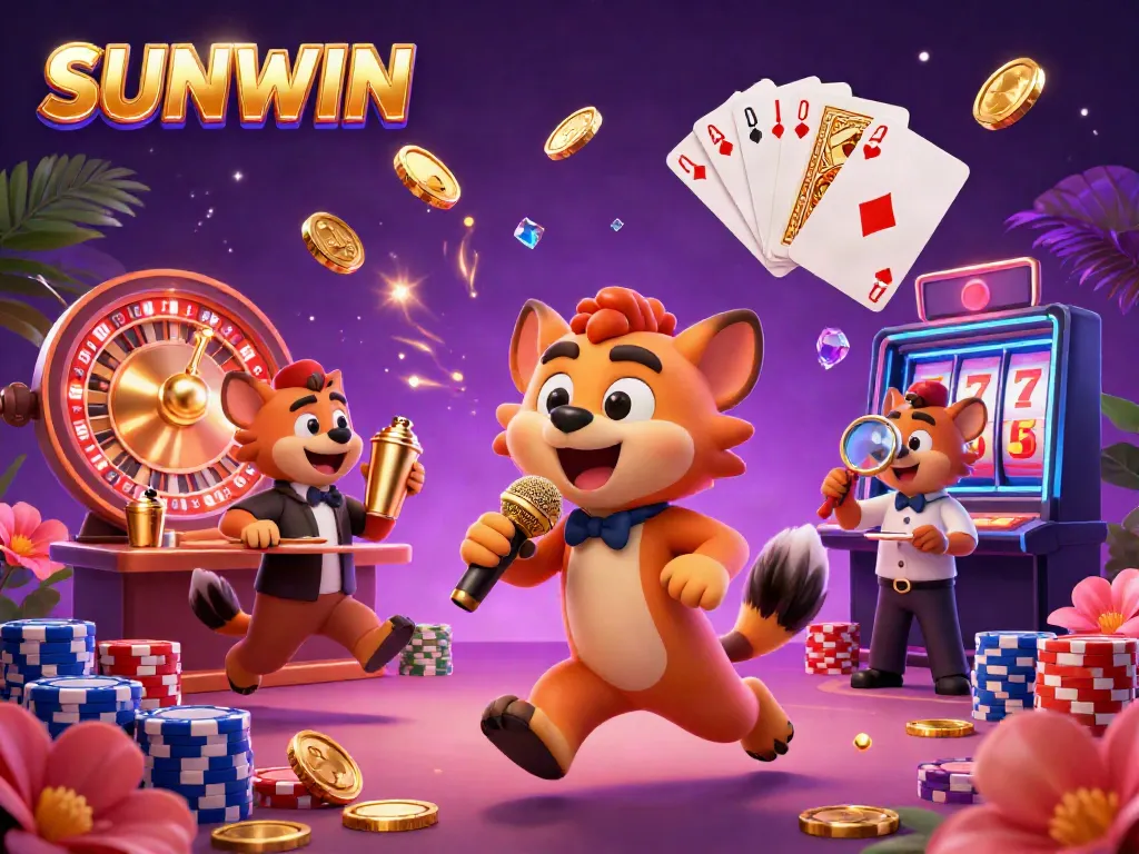 Hyenas showcase comedy and bartending in a spirited casino scene, embodying the energetic SUNWIN atmosphere.