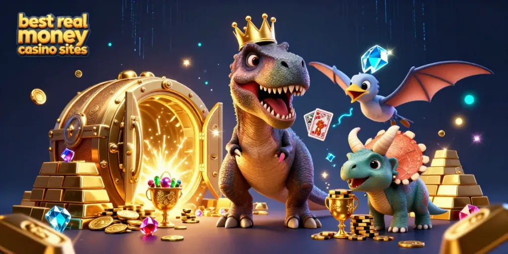 Engaging scene featuring a T-Rex shuffling cards and a pterodactyl assisting, showcasing the best real money casino sites in a vibrant casino atmosphere.