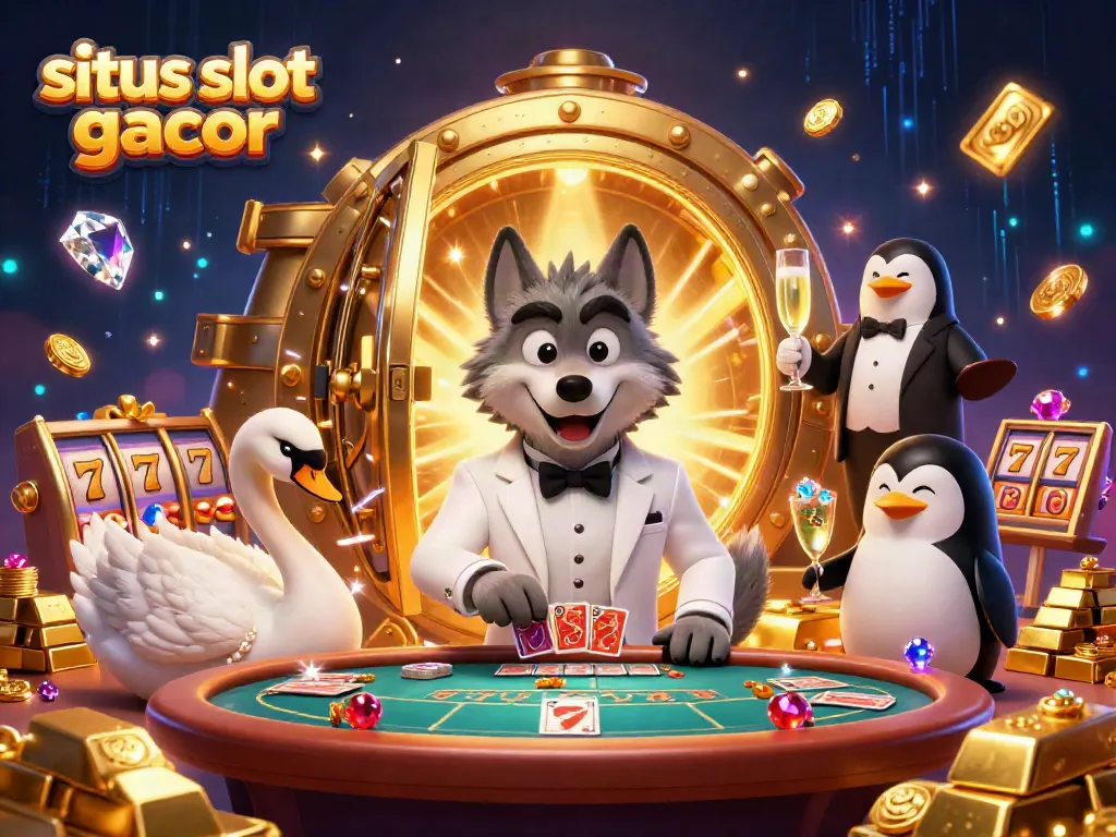 Gambarkan situs slot gacor dengan karakter hewan dalam suasana kasino yang glamor dan kaya.