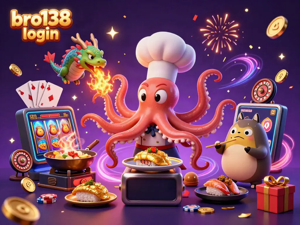 Engage with bro138 login as a sushi chef octopus and dragon create golden dishes amidst spinning slots and fireworks.