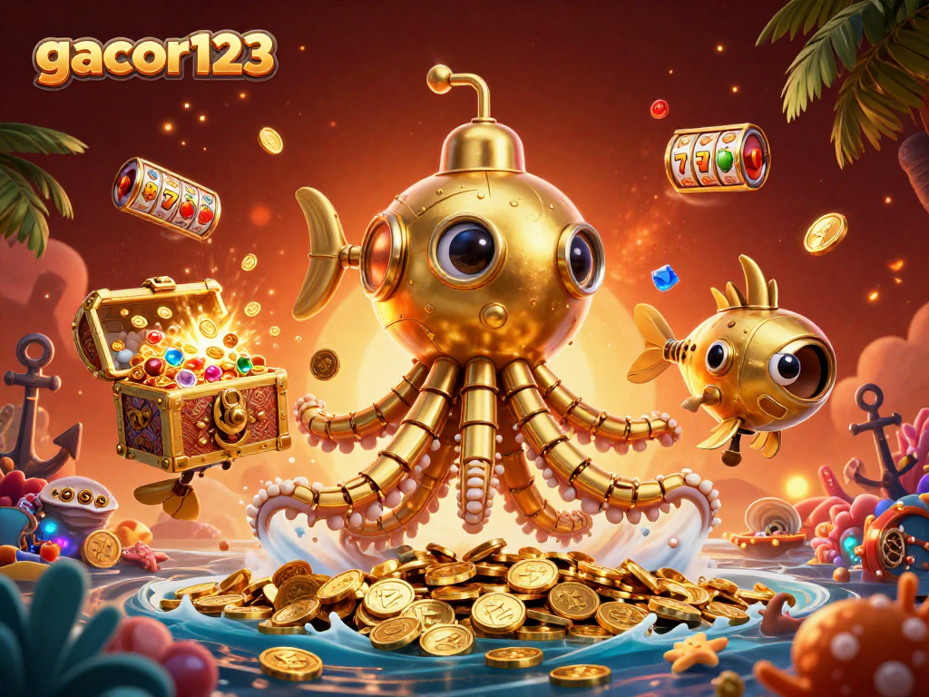 Spin to win with gacor123's thrilling slot experience featuring vibrant game symbols and treasures.