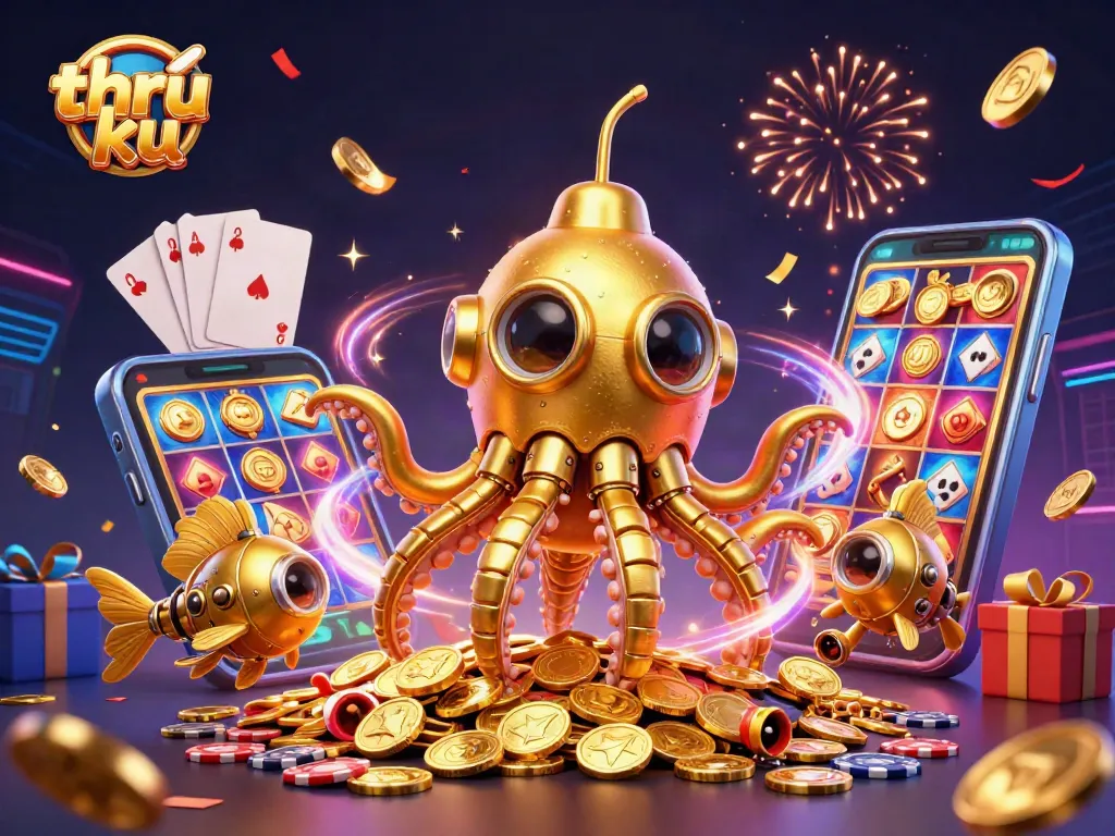 Engage with thrilling casino games at thr ku, featuring a vibrant kraken submarine amidst dynamic gaming elements.