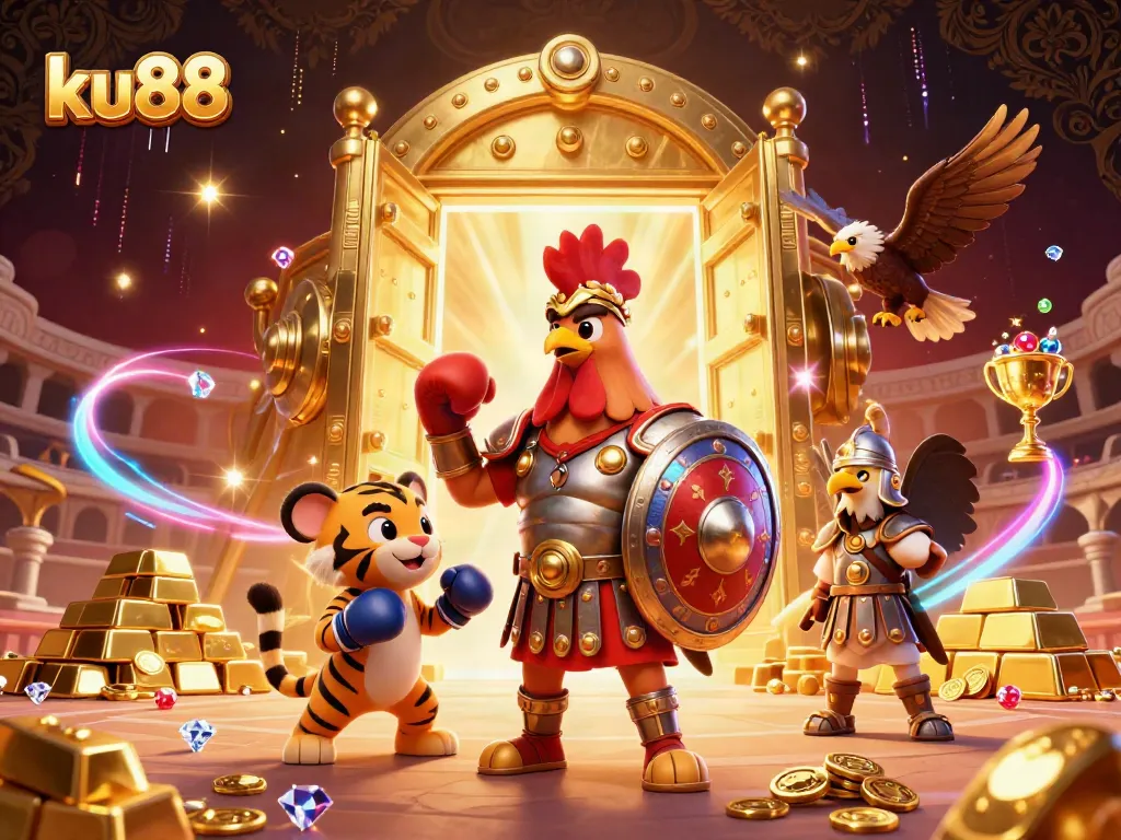 ku88 elevates the gaming experience with a vibrant 3D illustration of a gladiator rooster amidst gold treasures and casino elements