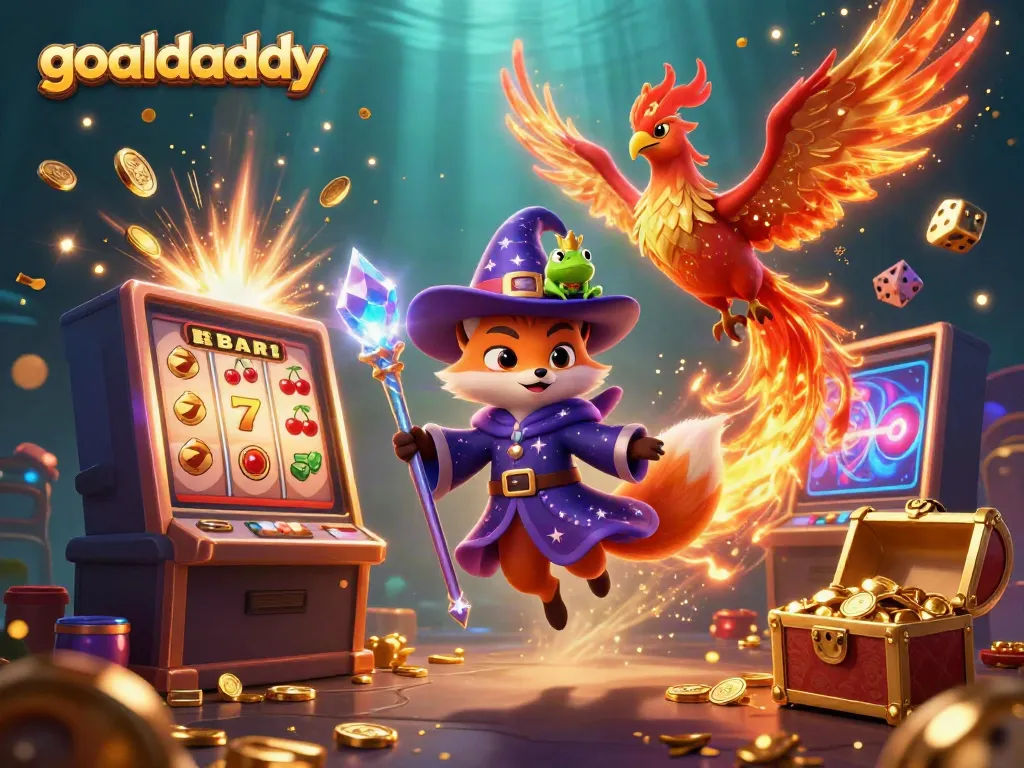 Join the magical action with goaldaddy's stunning 3D illustration featuring a wizard fox and phoenix in a casino backdrop.