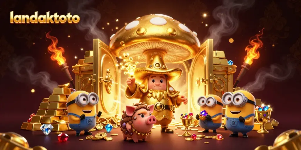 Menangkan pengalaman bermain di landaktoto dengan ilustrasi kasino berwarna emas yang mencolok.