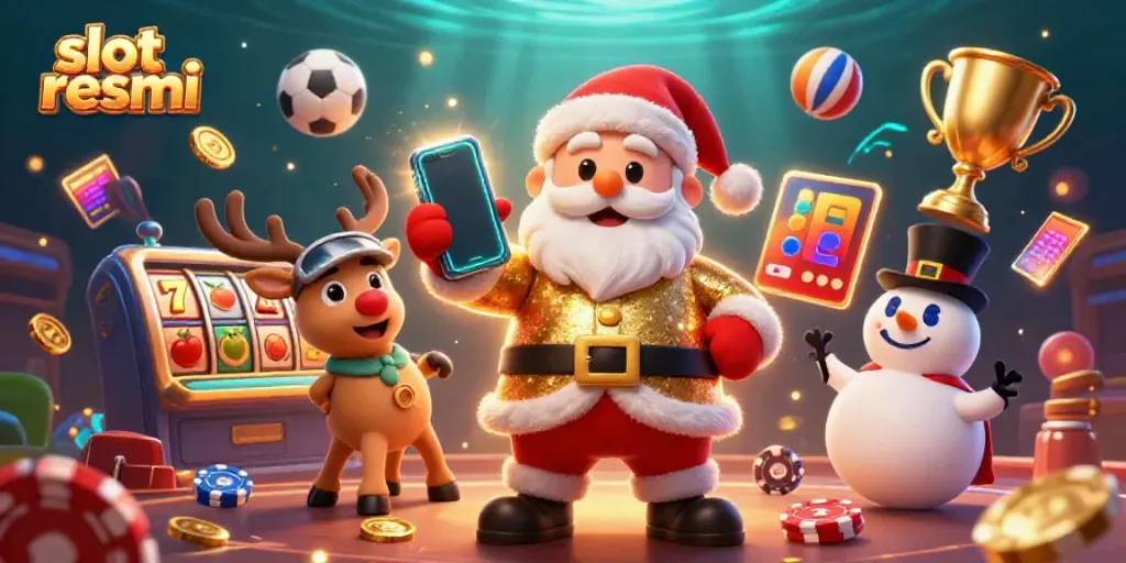 Engage with slot resmi in a vibrant 3D casino scene featuring Santa and his festive friends.