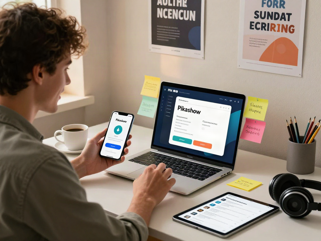 Pikashow app download in a cozy home workspace with a vibrant user experience.