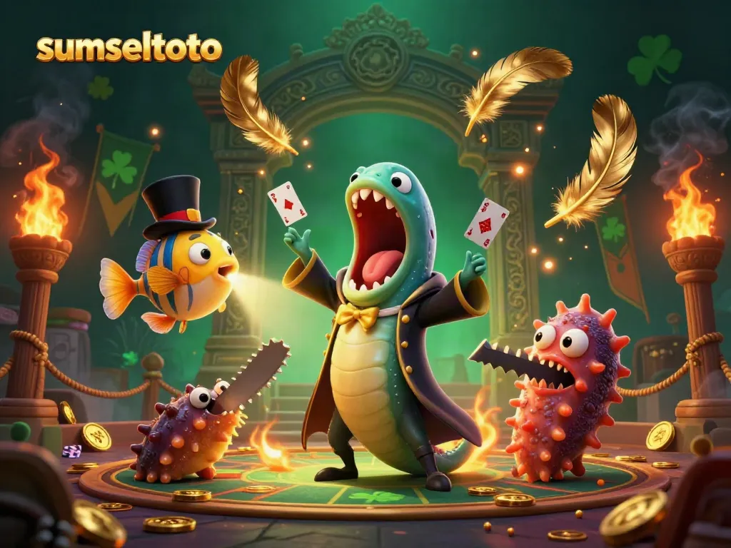 Join the magic of sumseltoto with a captivating 3D scene featuring a bioluminescent eel, anglerfish, and sea cucumber in a dynamic casino atmosphere.
