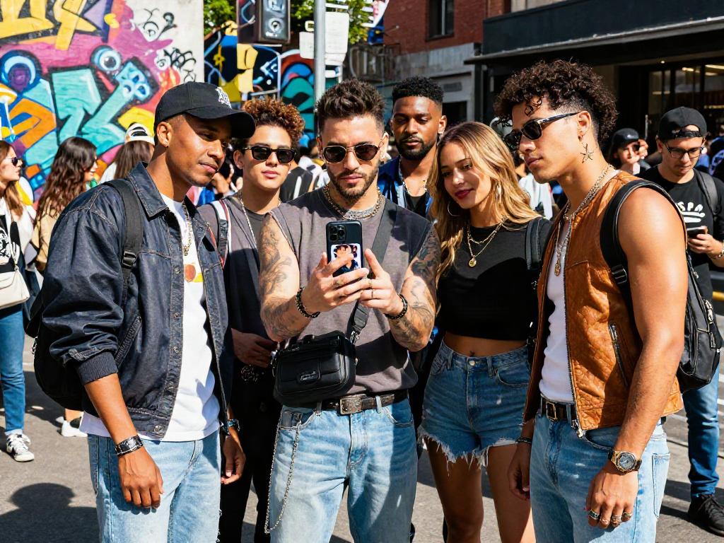 Celebrities look alike friends in urban setting using a look-alike app enjoying fashion and friendship.