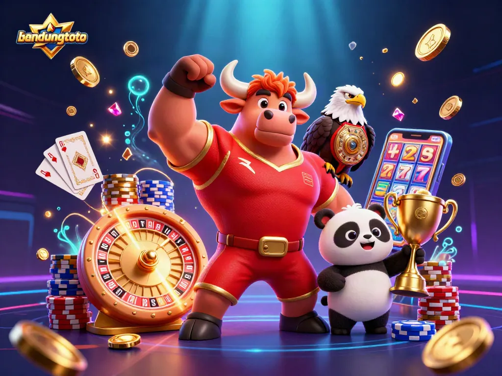 Engage with bandungtoto's vibrant casino atmosphere featuring a bull mascot, eagle, and panda in a dynamic scene.