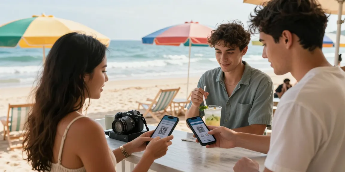 Group at beach café discussing slot qris payments, enjoying drinks.