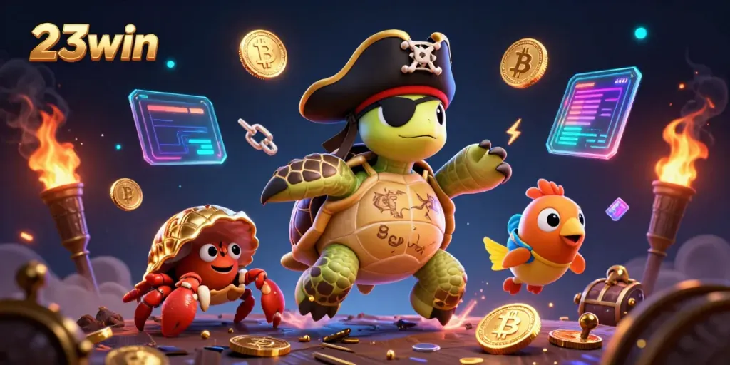 Engage in thrilling gameplay at 23win with vibrant 3D characters amidst floating crypto coins and treasures.