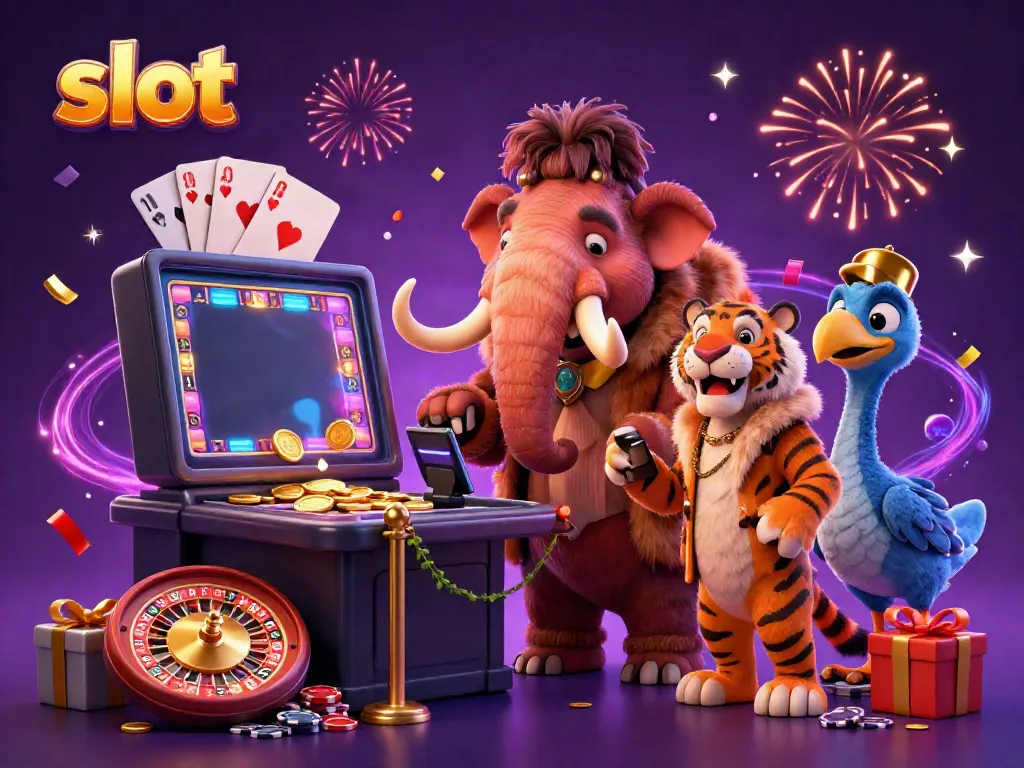 Exciting slot gaming scene with a cartoon mammoth checking IDs, showcasing fun casino elements.