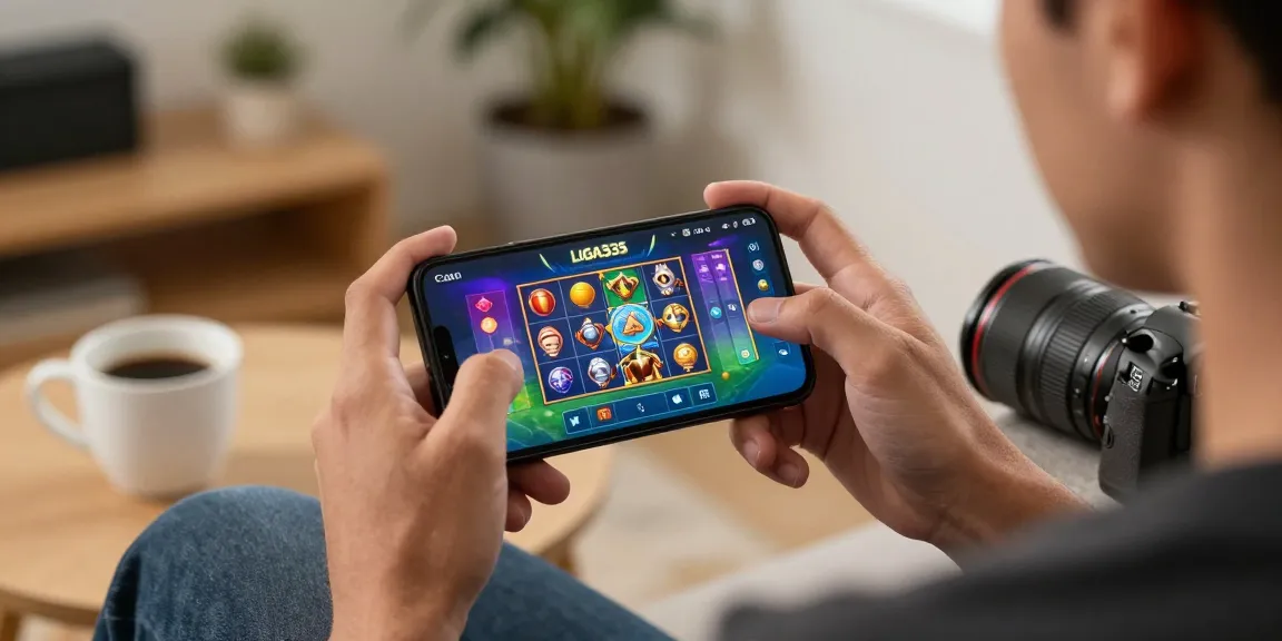 Pemakai bermain aplikasi laga 335 di smartphone dengan antarmuka permainan slot, suasana nyaman dan cahaya lembut.