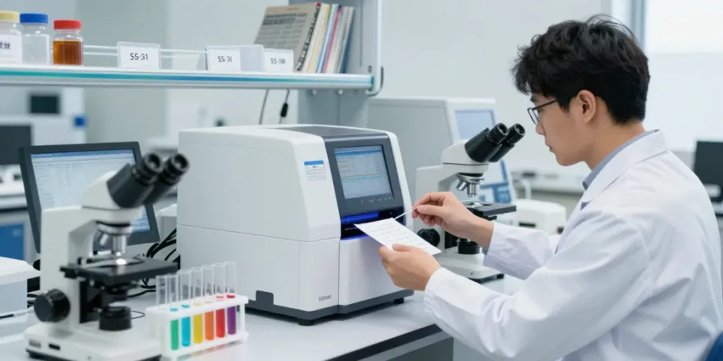 SS-31 peptide buy online laboratory analysis with researcher evaluating samples in modern lab setting.