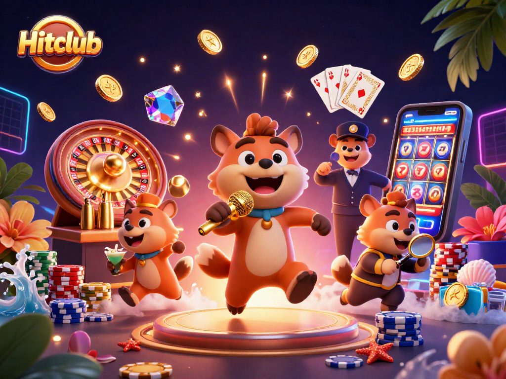 Hitclub hyenas performing casino comedy with sparkling gems and vibrant game elements.