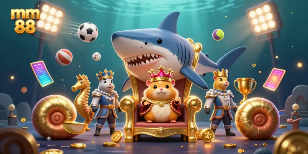 Experience the vibrant gaming world of mm 88 with the golden hamster king on his megalodon throne.