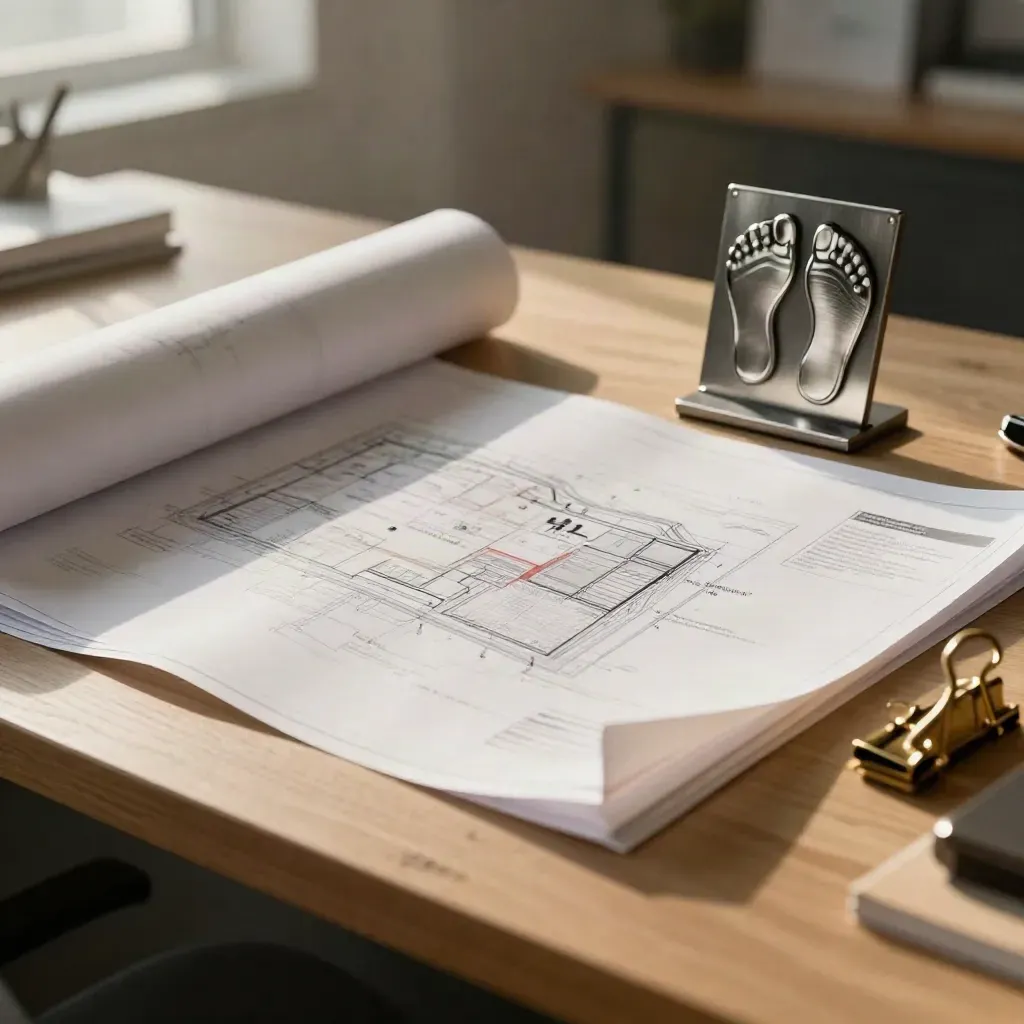 Rolled permit plans, trace overlays, brass clip and sign model on a drafting table