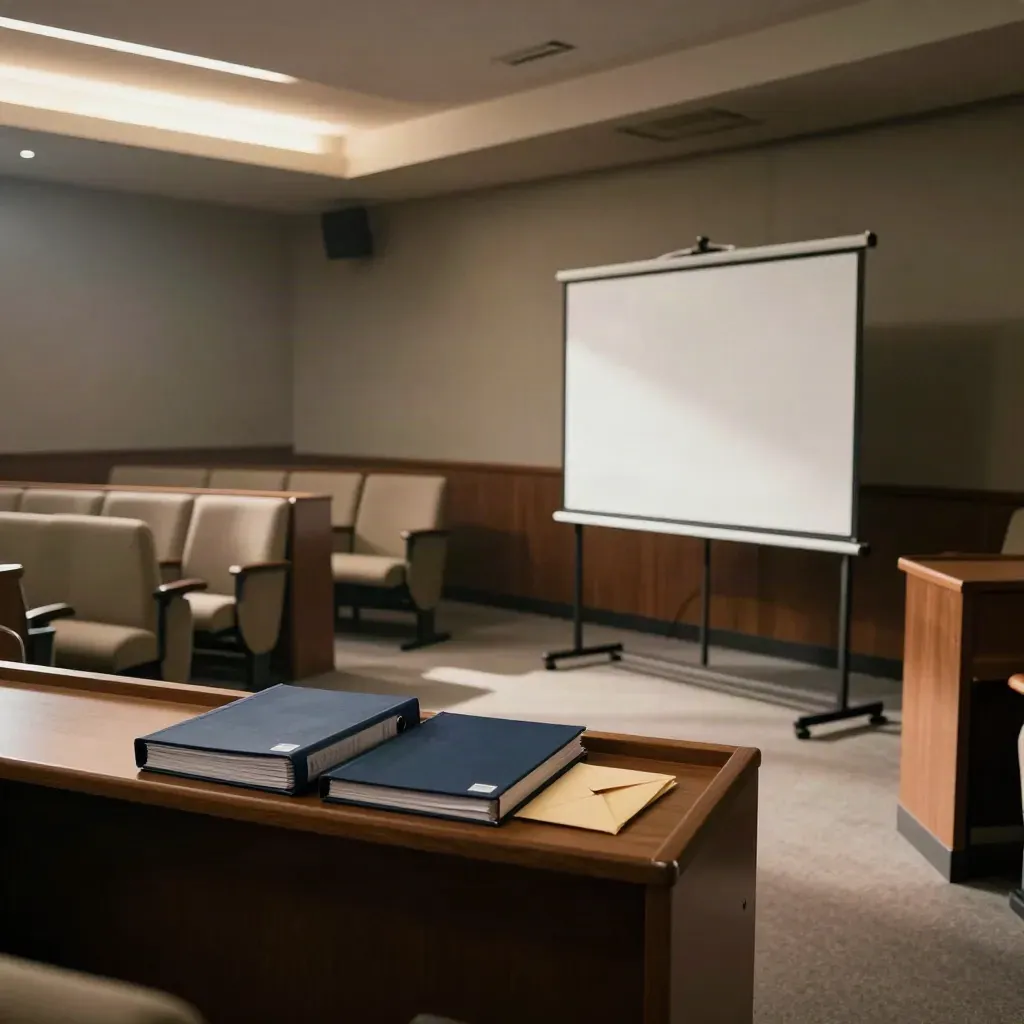 Empty hearing room with lit benches, exhibit binders, envelope, and blank board.
